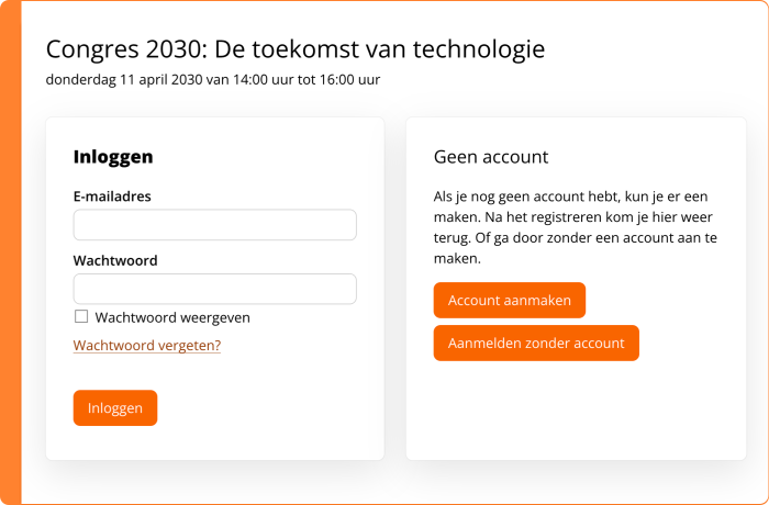 Schermafbeelding van het aanmelden zonder account bij Meetings & Events van Procurios