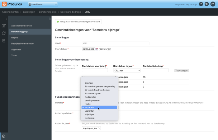 Functie abonnementsprijs