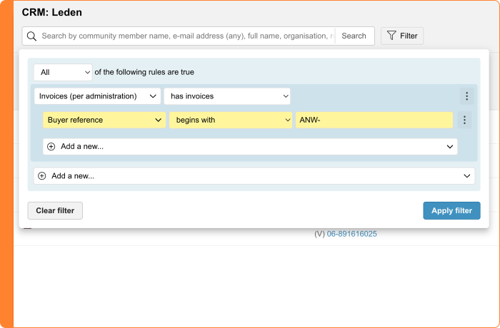 Screenshot of filtering on buyer reference