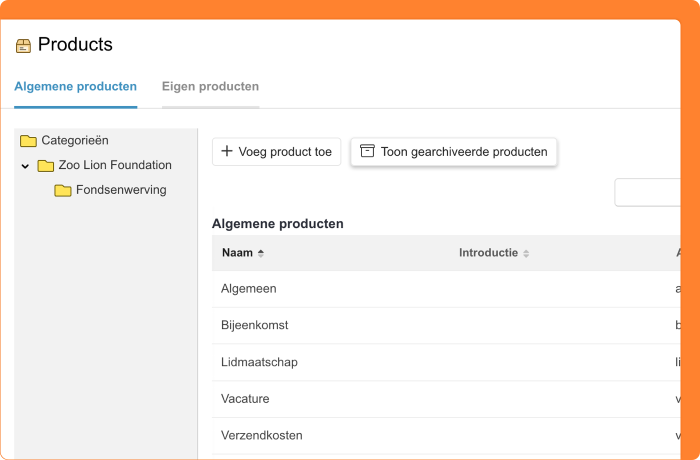 Schermafbeelding van het archiveren van producten