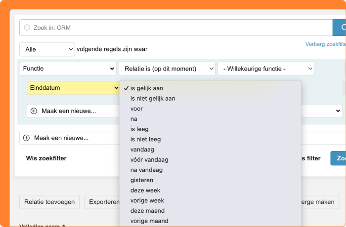 Schermafbeelding van filters voor Functies in het CRM van Procurios